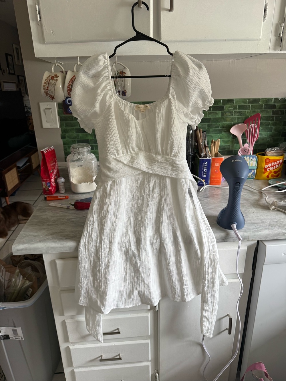 White Puff-Sleeve Tie-Waist Dress